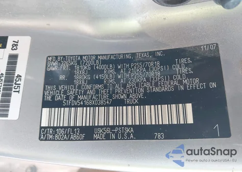 2008 Toyota Tundra Sr5 5.7L V8 z USA, uszkodzony, nr VIN 5TFDV54168X038547